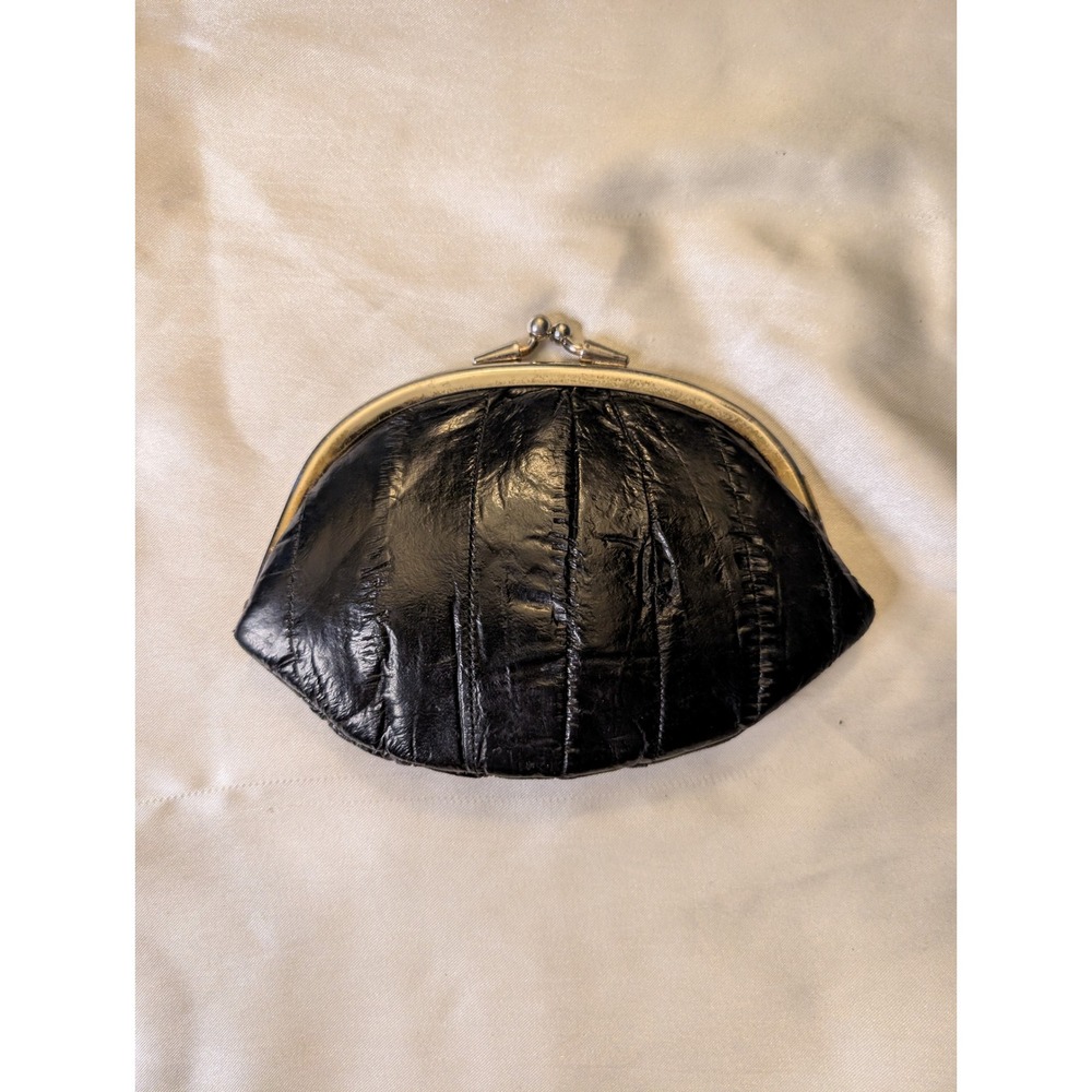 Vintage Black Eel Skin Coin Purse Double Kiss Lock Pouch Wallet Accessory